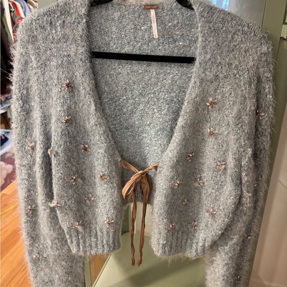 Free People Gray Cardigan with Pink Embellishments